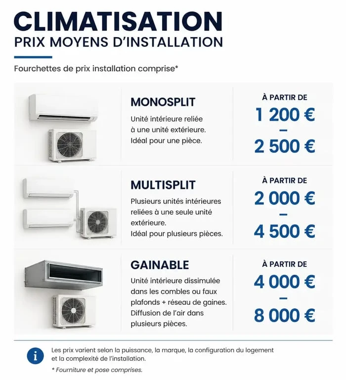 Infographie des prix moyens d'installation d'une climatisation réversible par type d'équipement
