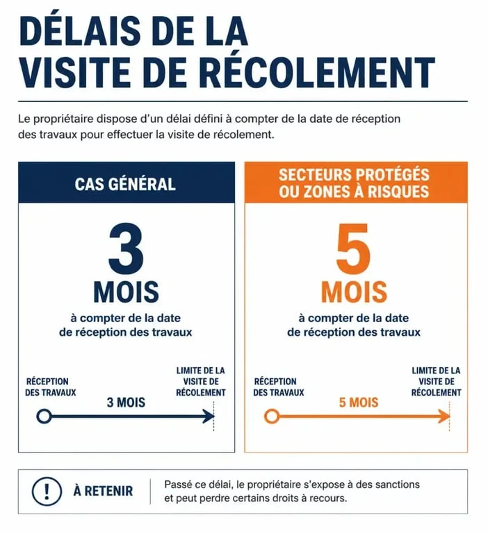Infographie des délais légaux pour la visite de récolement après travaux