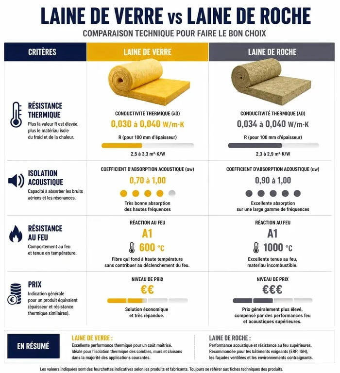 Tableau comparatif des différences entre laine de verre et laine de roche pour l'isolation thermique et acoustique