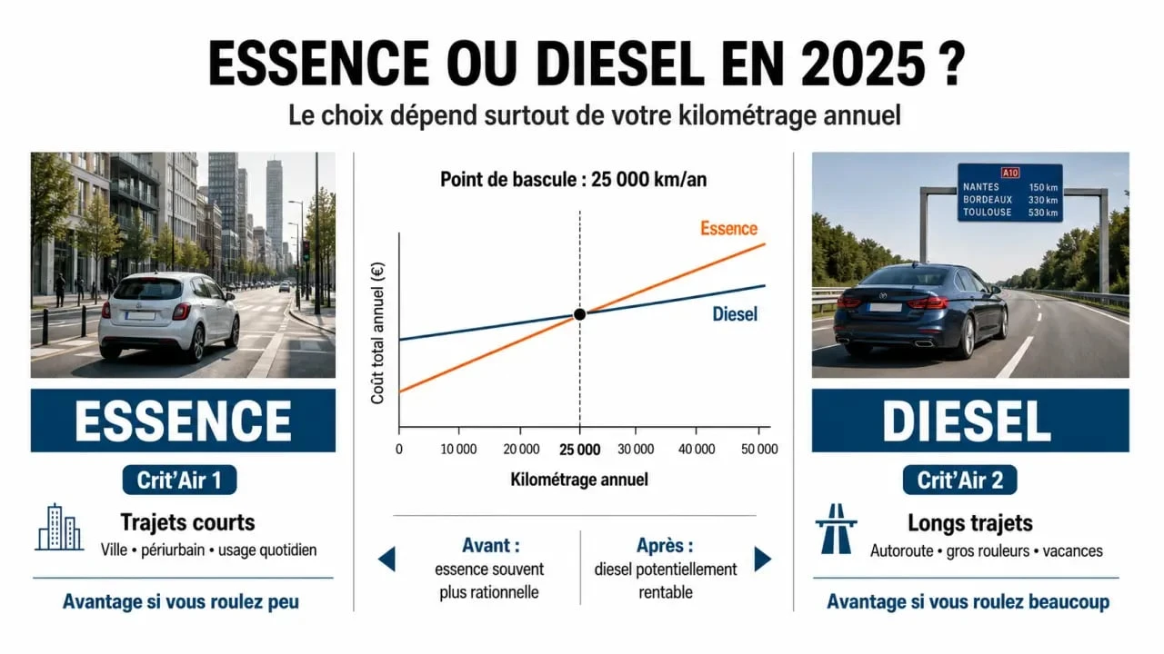 Infographie comparative diesel ou essence en 2025 : choisir sa motorisation selon son usage et les zones ZFE
