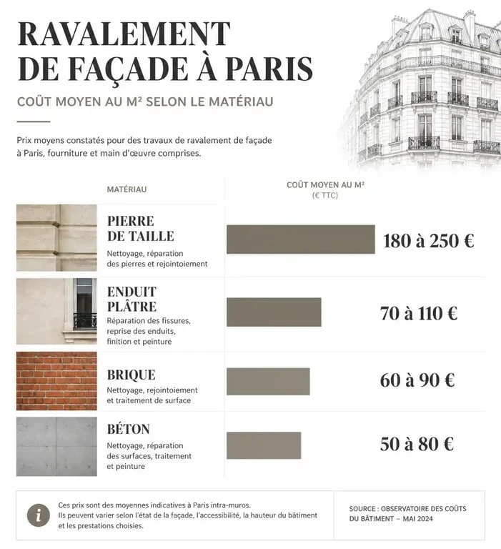 Coûts moyens du ravalement de façade à Paris par matériau