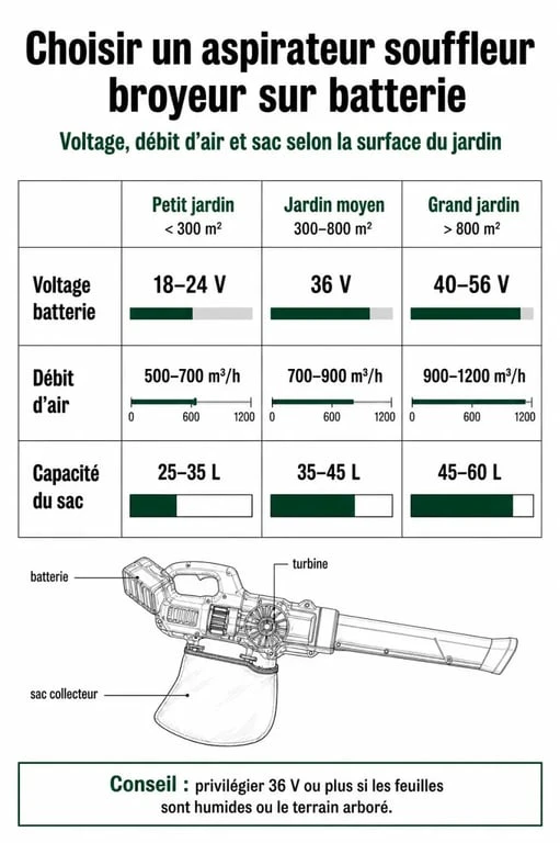 Tableau comparatif des critères de choix pour le meilleur aspirateur souffleur broyeur sur batterie selon la surface du jardin