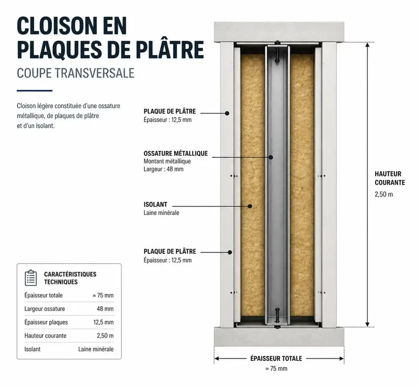 Schéma en coupe d'une cloison en placo montrant l'épaisseur totale et la composition.