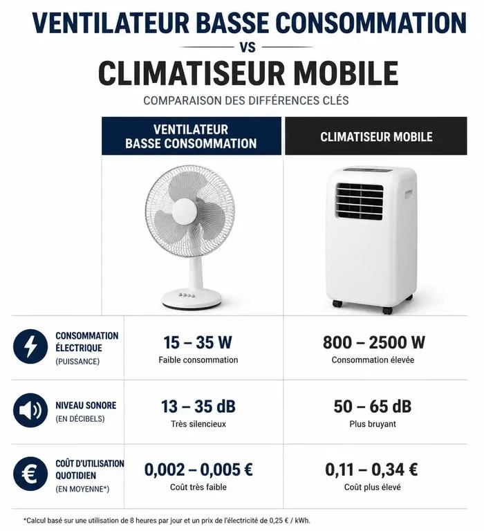Comparatif visuel entre ventilateur basse consommation et climatiseur mobile : consommation électrique, niveau sonore et coût journalier.