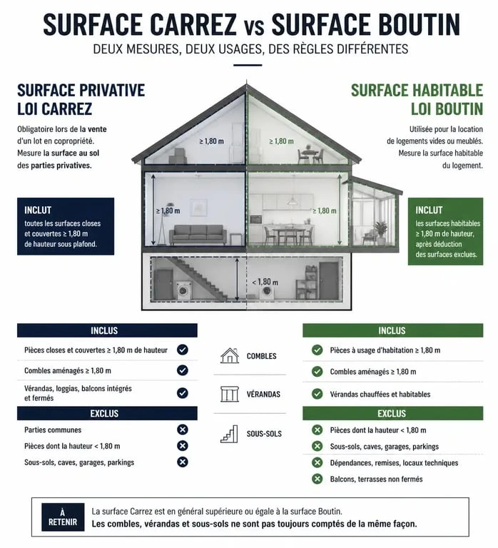 Comparatif visuel entre la surface privative loi Carrez et la surface habitable loi Boutin pour un bien immobilier