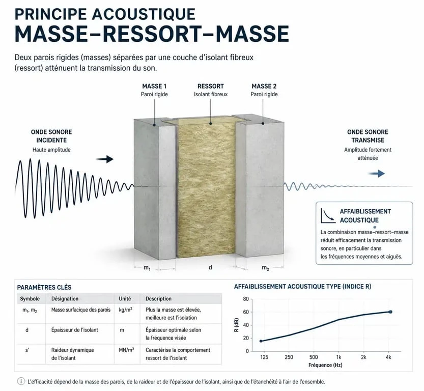 Principe de l'isolation phonique masse-ressort-masse pour isoler phoniquement une pièce