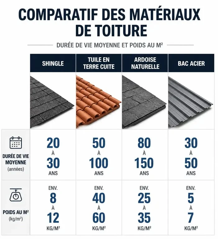 Comparatif de la durée de vie et du poids des matériaux de toiture : shingle, tuile, ardoise et bac acier