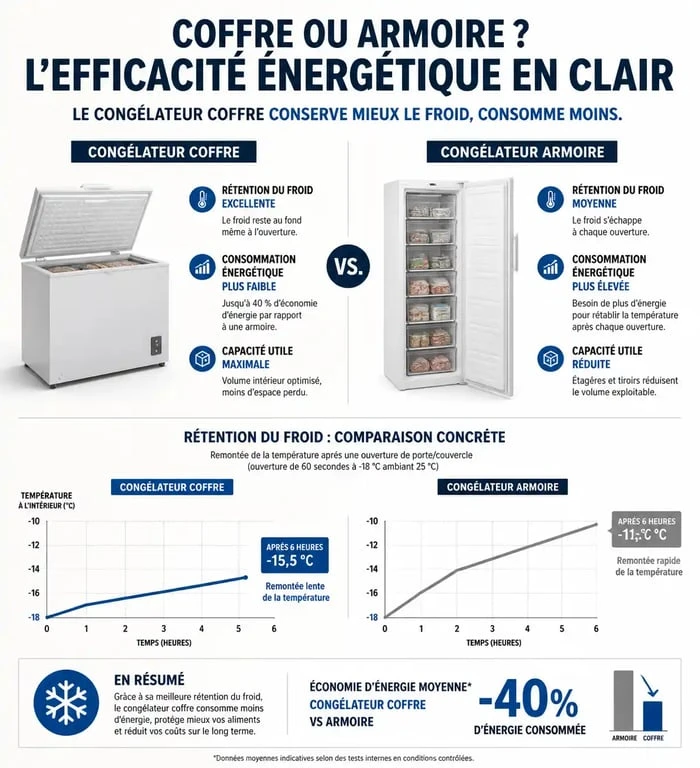 Infographie comparative de l'efficacité énergétique d'un congélateur basse consommation coffre vs armoire