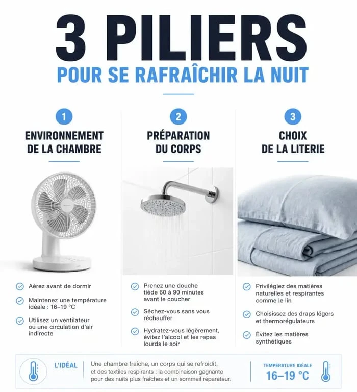 Infographie sur les conseils pour se rafraîchir la nuit et mieux dormir en période de canicule
