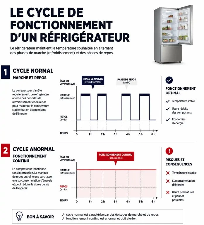 Infographie illustrant la fréquence de fonctionnement normale d'un frigo par heure pour diagnostiquer une éventuelle surconsommation