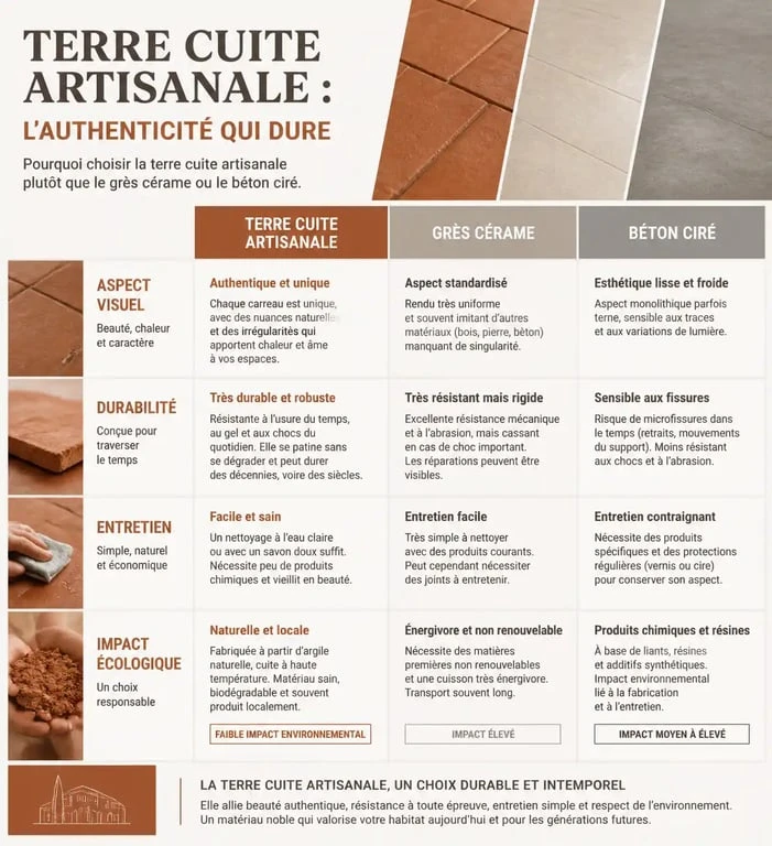 Comparatif des avantages de la terre cuite Terrerie face aux alternatives industrielles comme le grès cérame et le béton ciré.