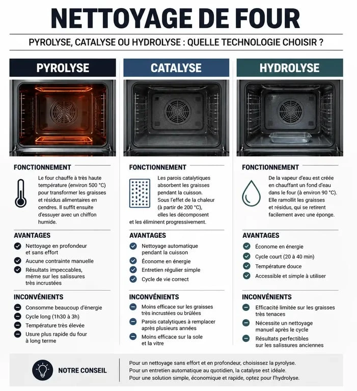 Comparatif des technologies de nettoyage de four : pyrolyse, catalyse et hydrolyse pour bien choisir son four