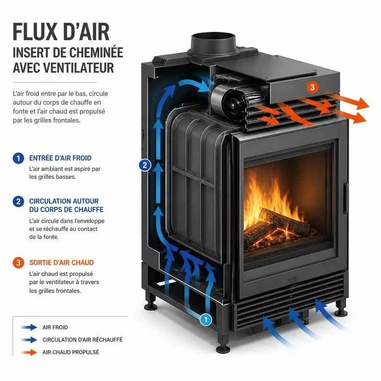 Schéma de fonctionnement d'un insert avec ventilateur montrant la circulation de l'air
