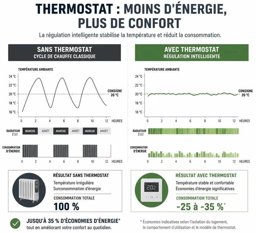 Schéma comparatif de l'impact d'un thermostat sur la consommation d'un chauffage électrique