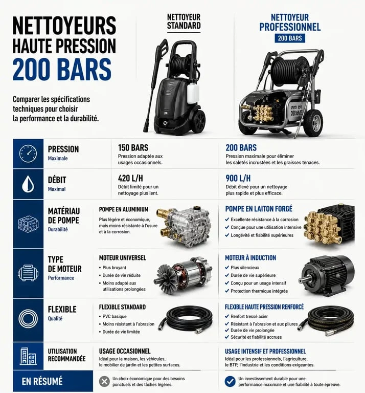 Comparatif technique des nettoyeurs haute pression 200 bars : standard vs professionnel