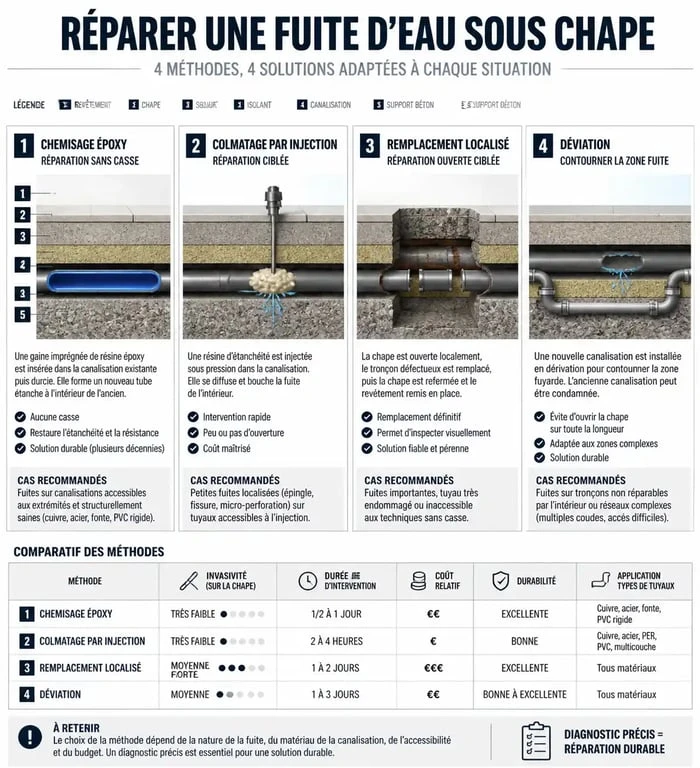 Infographie comparative des méthodes de réparation pour fuite d'eau canalisation enterrée sous chape