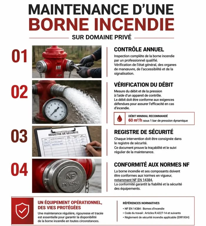 Infographie des obligations de maintenance et conformité pour une borne incendie sur domaine privé