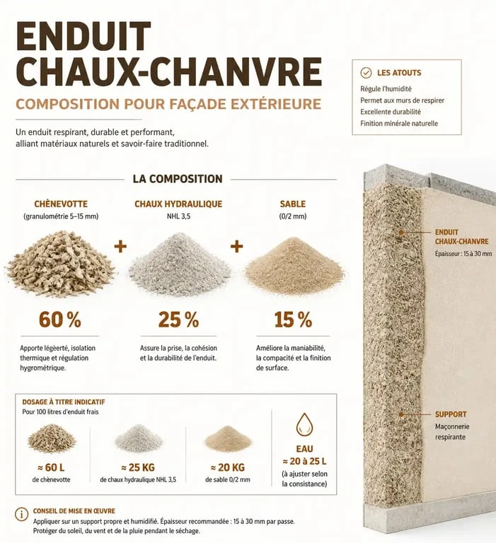 Composition d'un enduit chaux-chanvre extérieur pour façade
