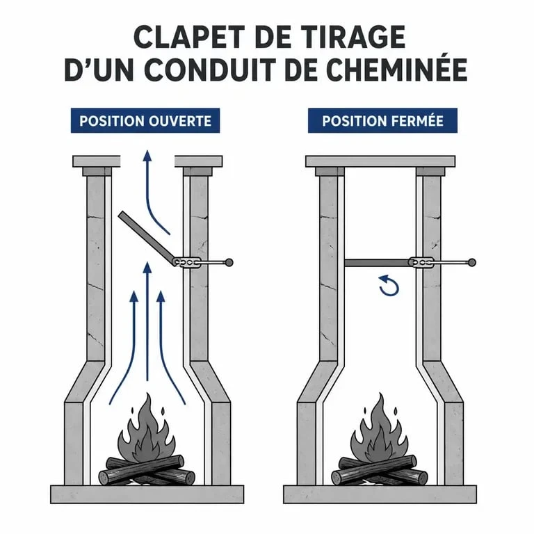Schéma du fonctionnement d'un clapet de cheminée pour optimiser le tirage et la sécurité.
