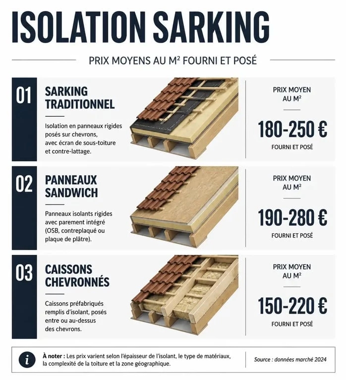 Comparatif des prix au m² pour une isolation de toiture par sarking selon la technique utilisée