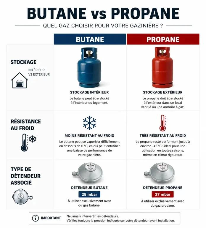 Infographie comparative butane vs propane pour le choix d'une bouteille de gaz pour gazinière