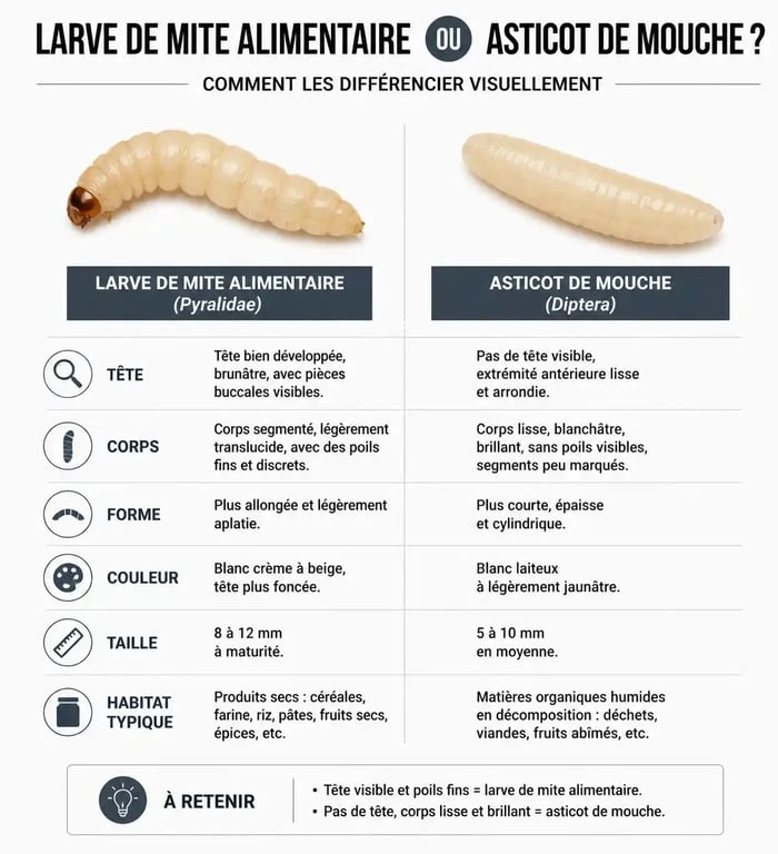 Comparaison visuelle entre larves de mites alimentaires et asticots pour identifier les nuisibles au plafond