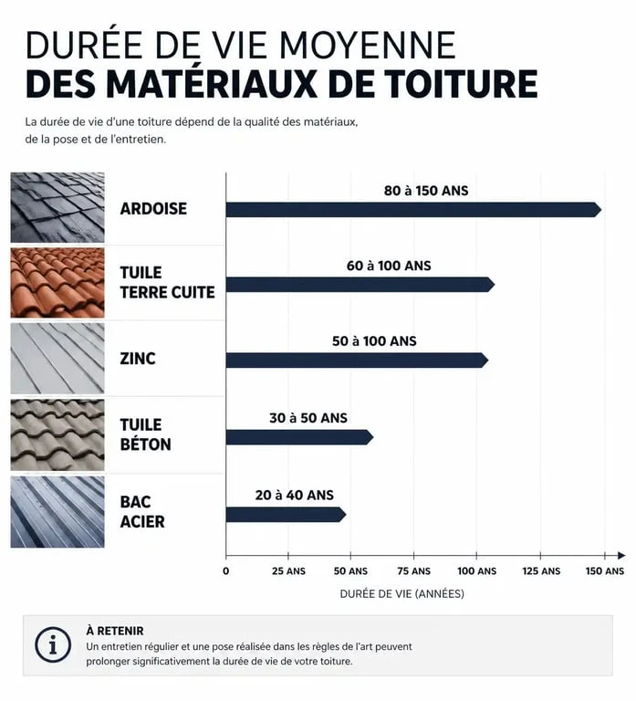 Infographie comparative de la durée de vie des matériaux de toiture pour estimer la longévité de votre couverture.