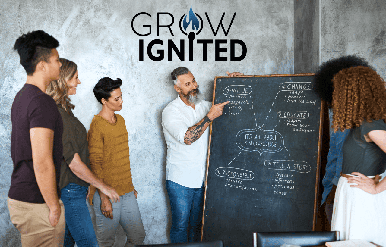Grow Ignited team gathered around a chalkboard while a facilitator presents concepts like value, change, and storytelling during a strategy session