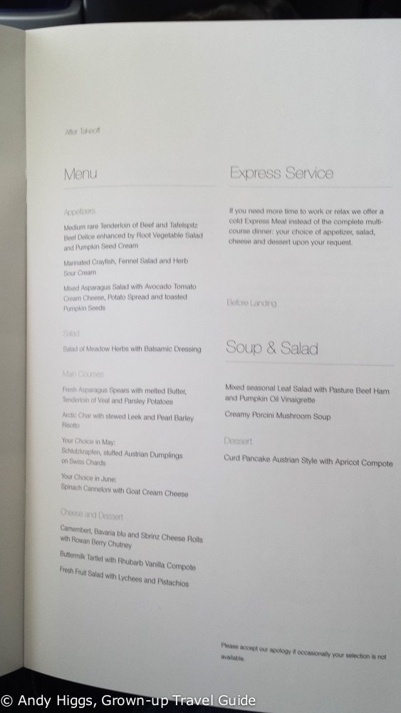 Menu Lufthansa Business Class Frankfurt
