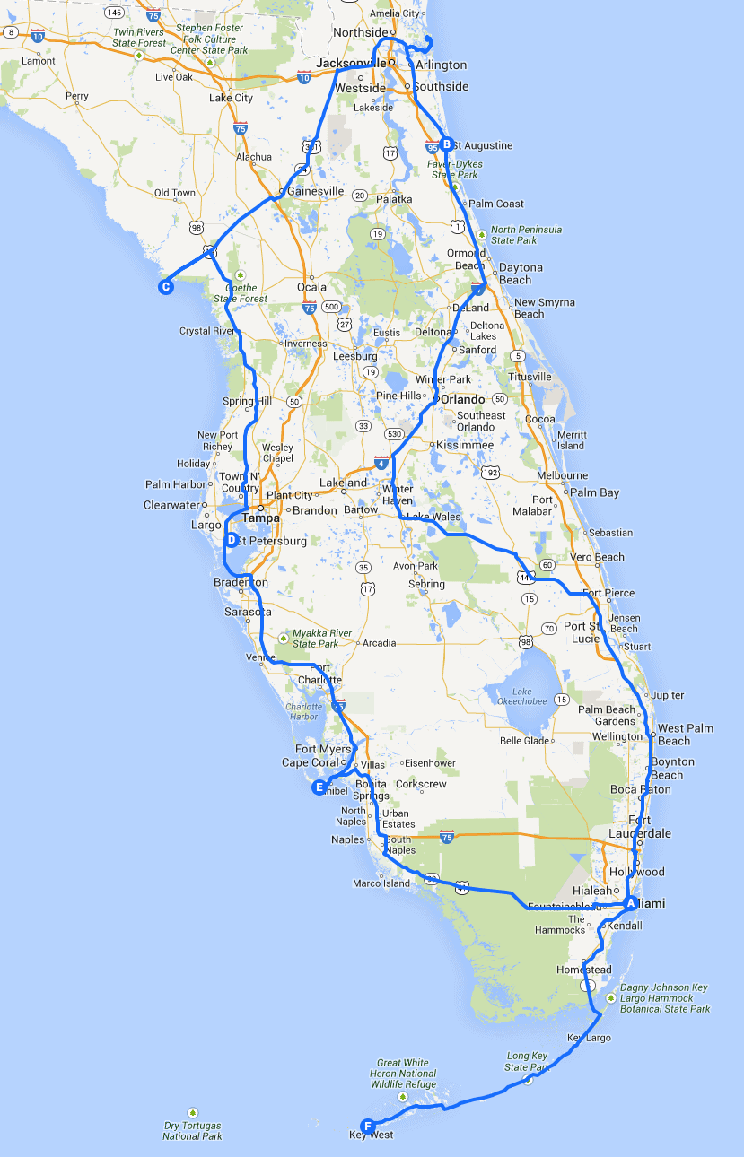 A three week road trip around Florida - the route map