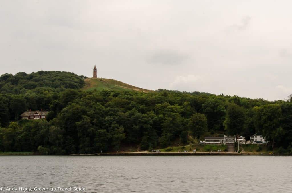 Himmelbjerget and hotel from boat