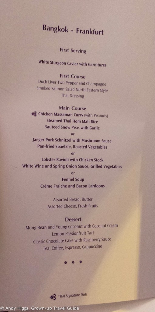 Thai First Class A380 BKK to Frankfurt menu 1