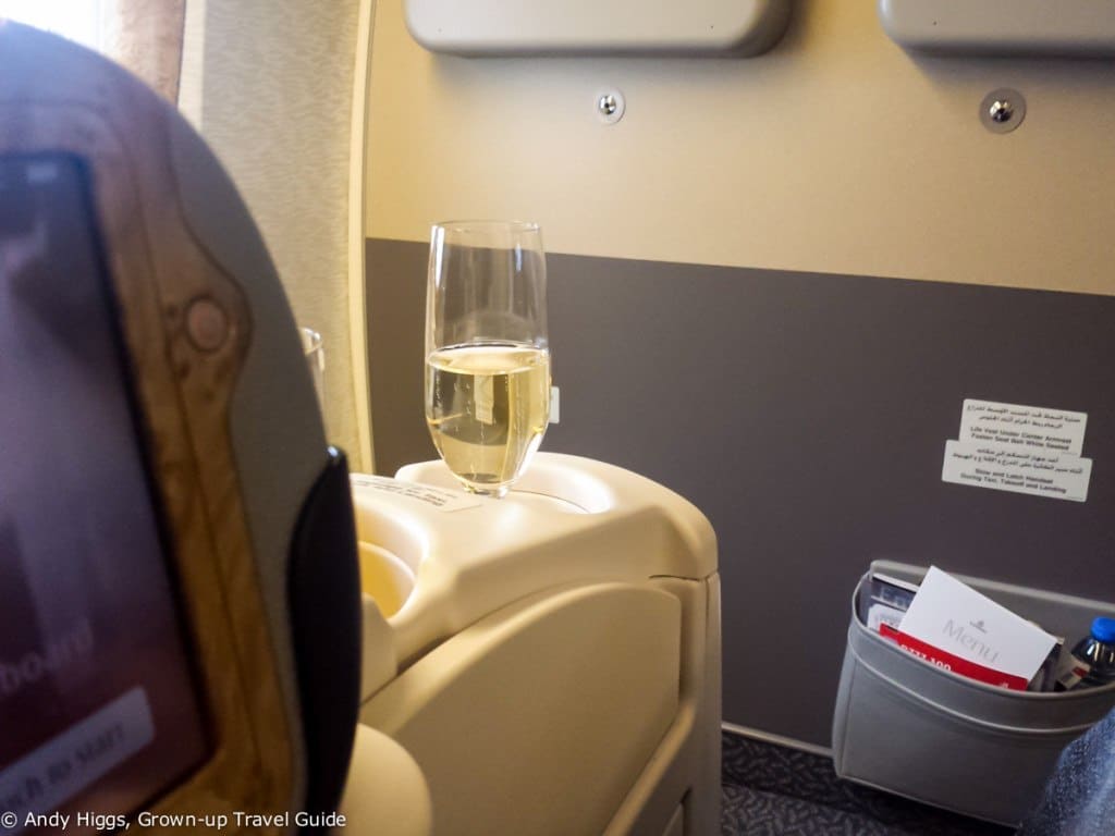 Bubbly before takeoff - Emirates 777-300ER Business Class
