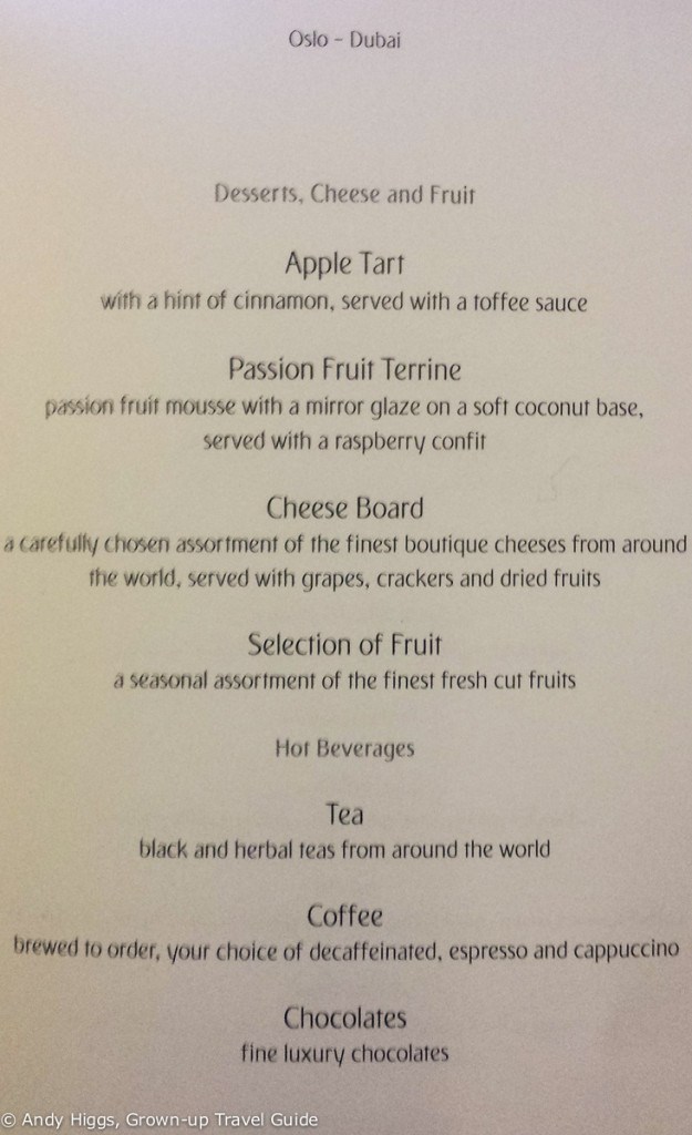 Emirates Business Class Dessert menu - Emirates 777-300ER Business Class