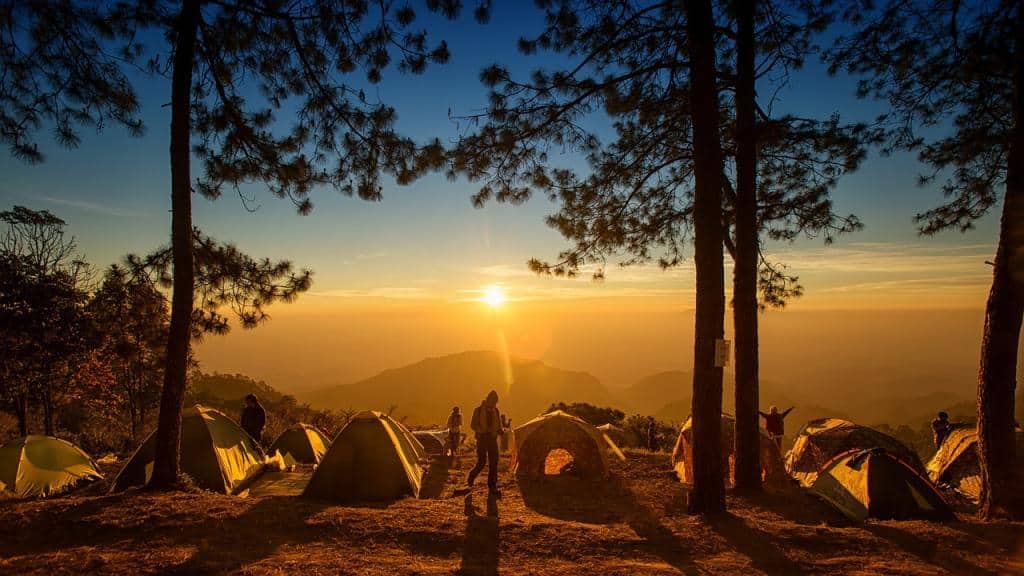 Group of campers in sunset - Grown-up travel