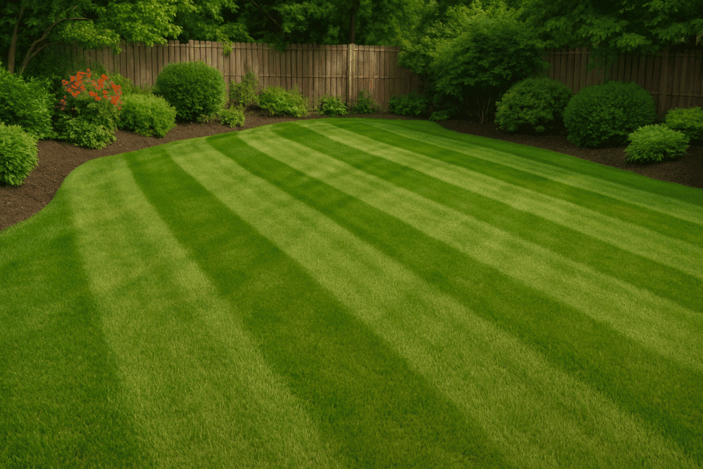 freshly cut lawn with shrubs and trees