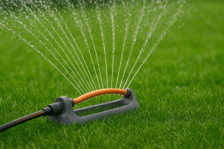 A sprinkler is watering a lawn with water.