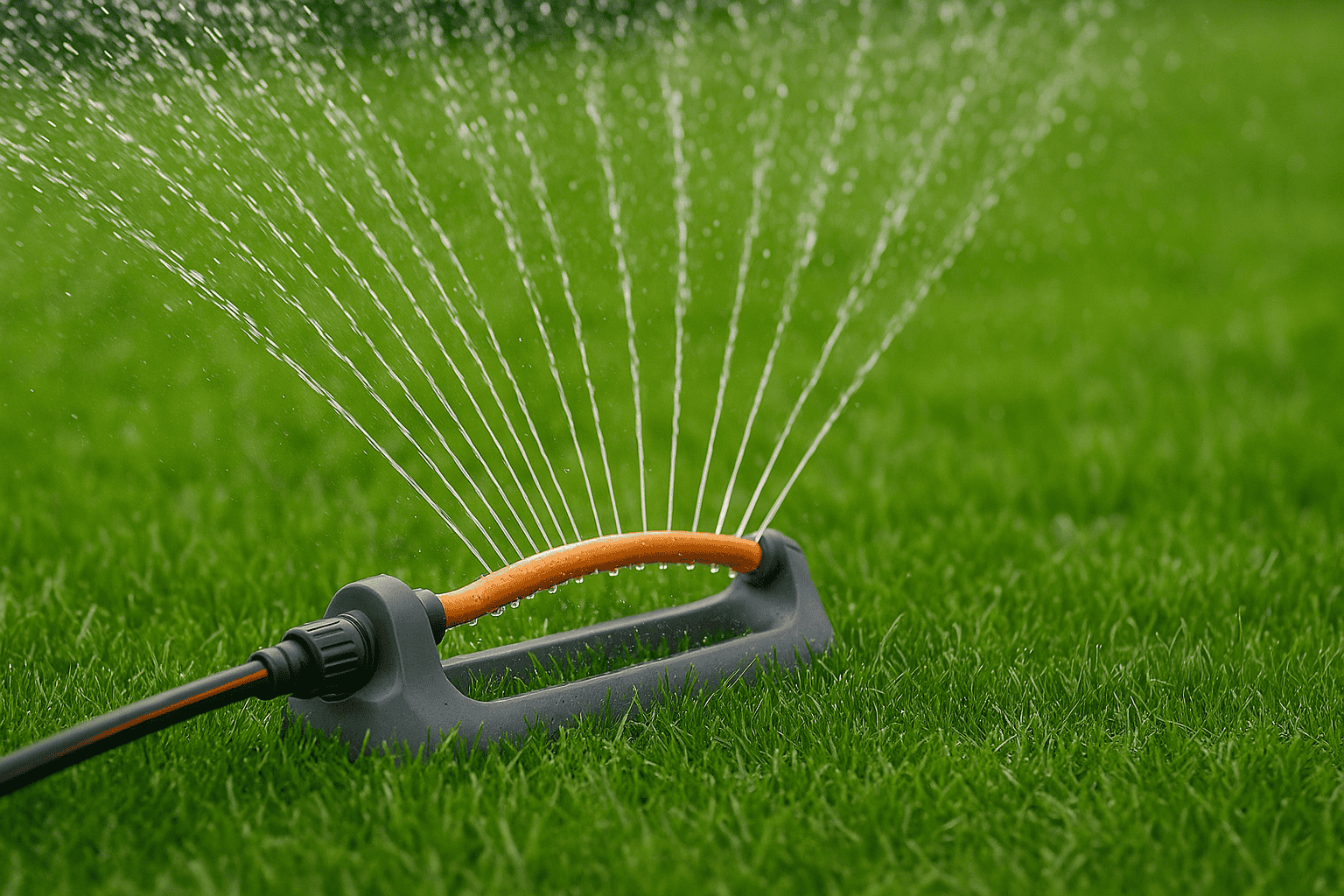 A sprinkler is watering a lawn with water.