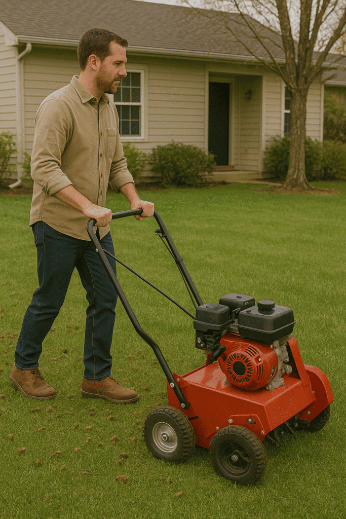 Professional man operating a red and black lawn mower in front of a house with green grass and trees, landscape gardening, yard maintenance, outdoor landscaping, GrowsMows.