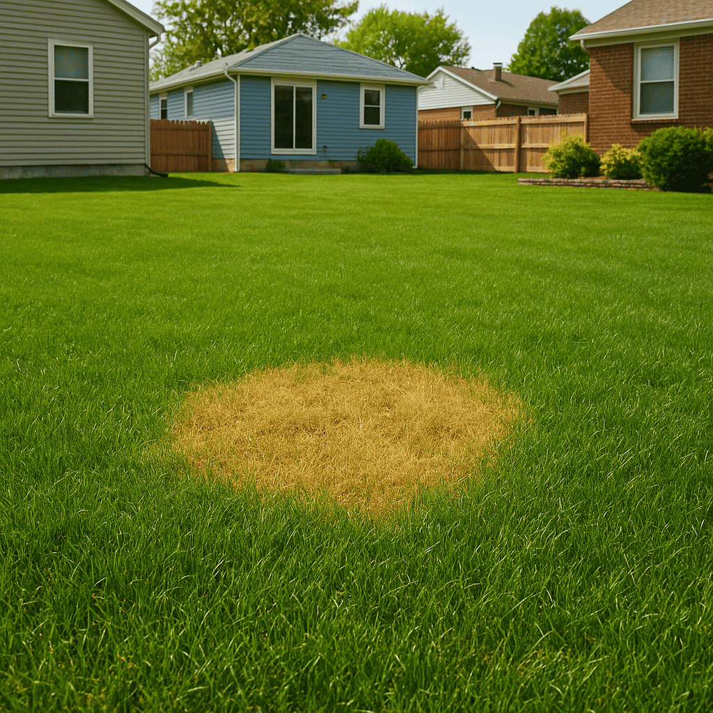 Yellowing grass patch in a green backyard yard, lawn repair with healthy grass growing around, homeowners maintaining lush landscape.