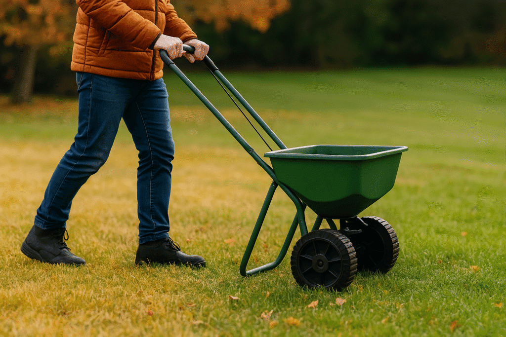man applying a fall fertilizer with slow-release nitrogen