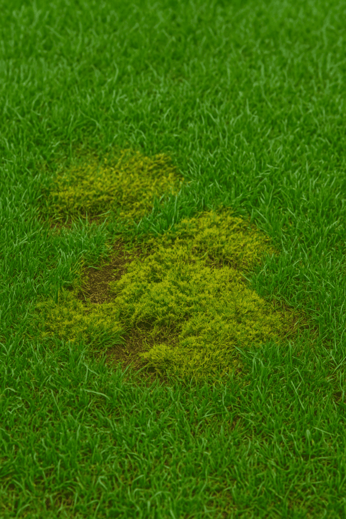 Lush green grass with moss patches on a well-maintained lawn.