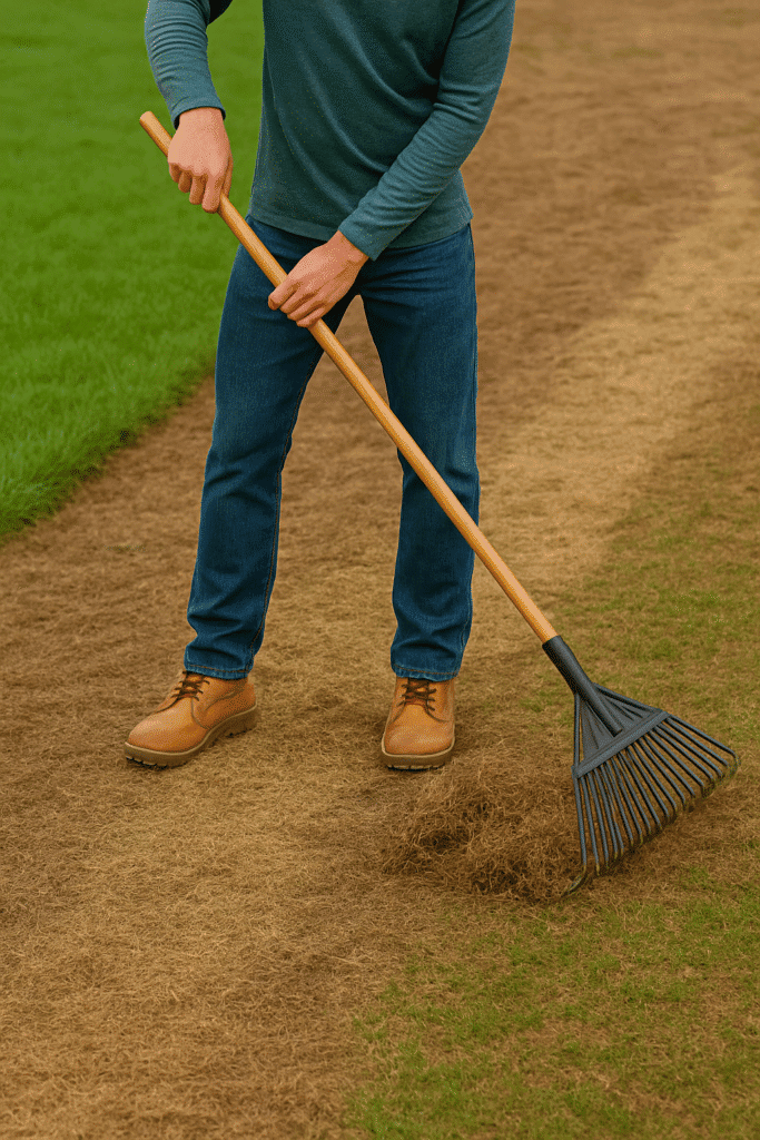 Compact soil repair with rake on lawn and garden soil, outdoor landscaping.