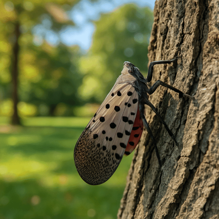 adult spotted lanternfly on side of tree