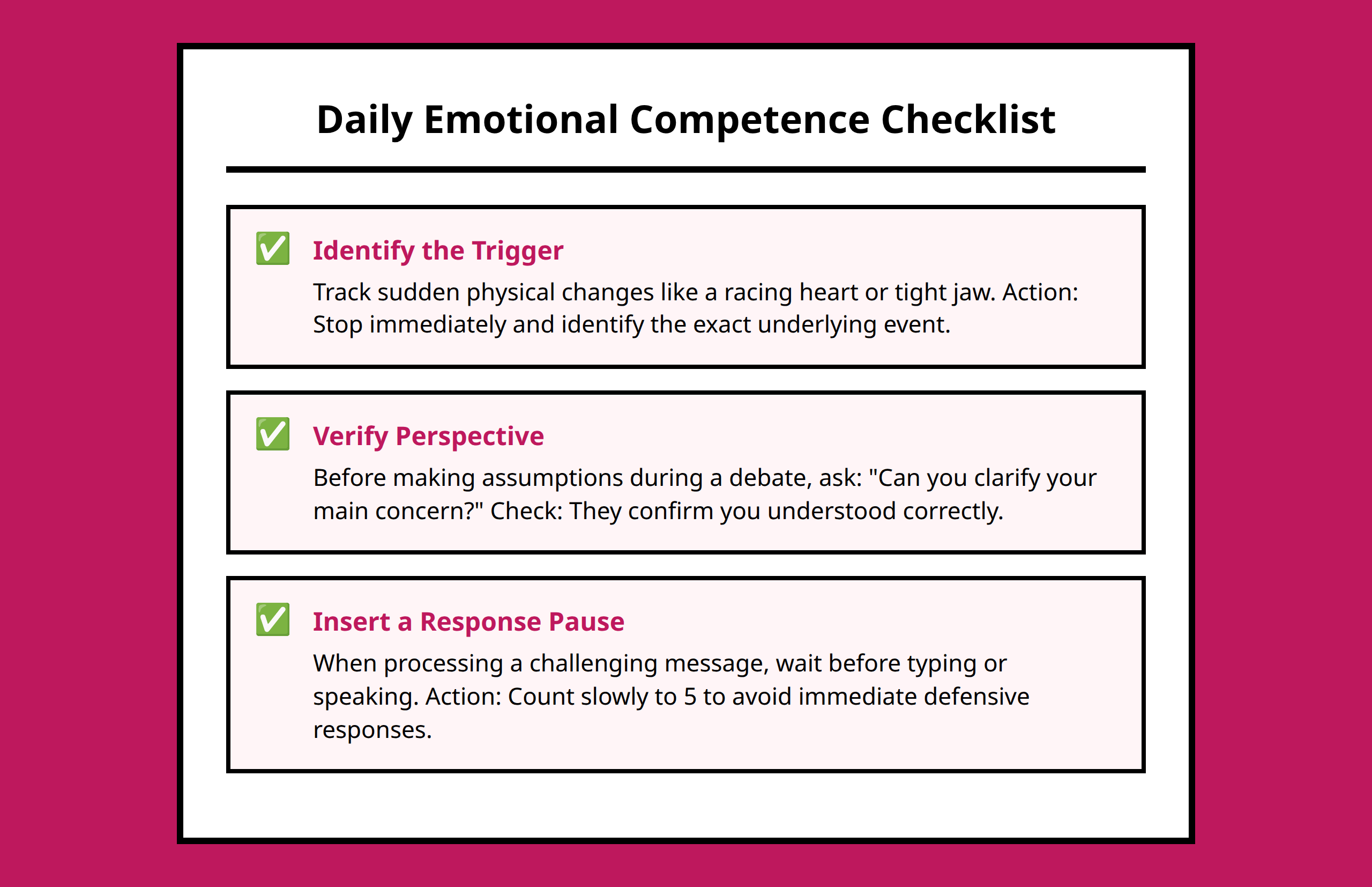 A progress checklist for tracking everyday emotional intelligence habits and self-awareness practices.