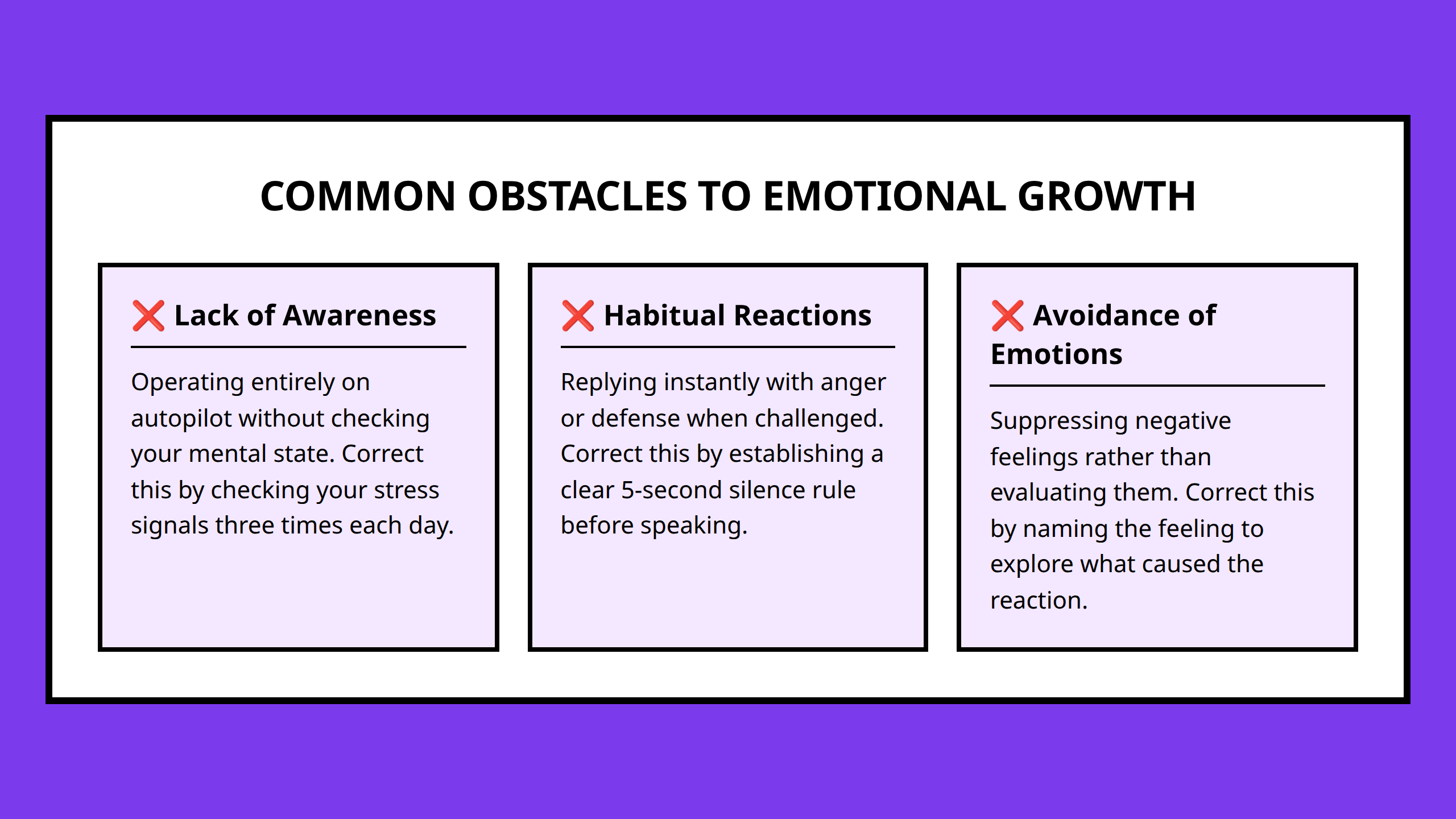 A 3-card grid highlighting common obstacles to emotional intelligence development.