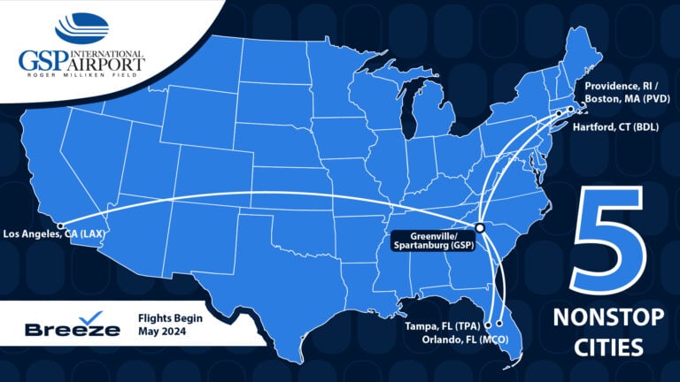 Breeze adds LAX. BDL, PVD, MCO, and TPA routes. Map of the United States showing routes from GSP to LAX. BDL, PVD, MCO, and TPA