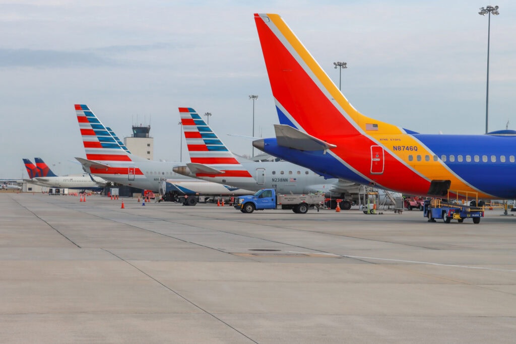Flight Line of five aircraft parked at GSP