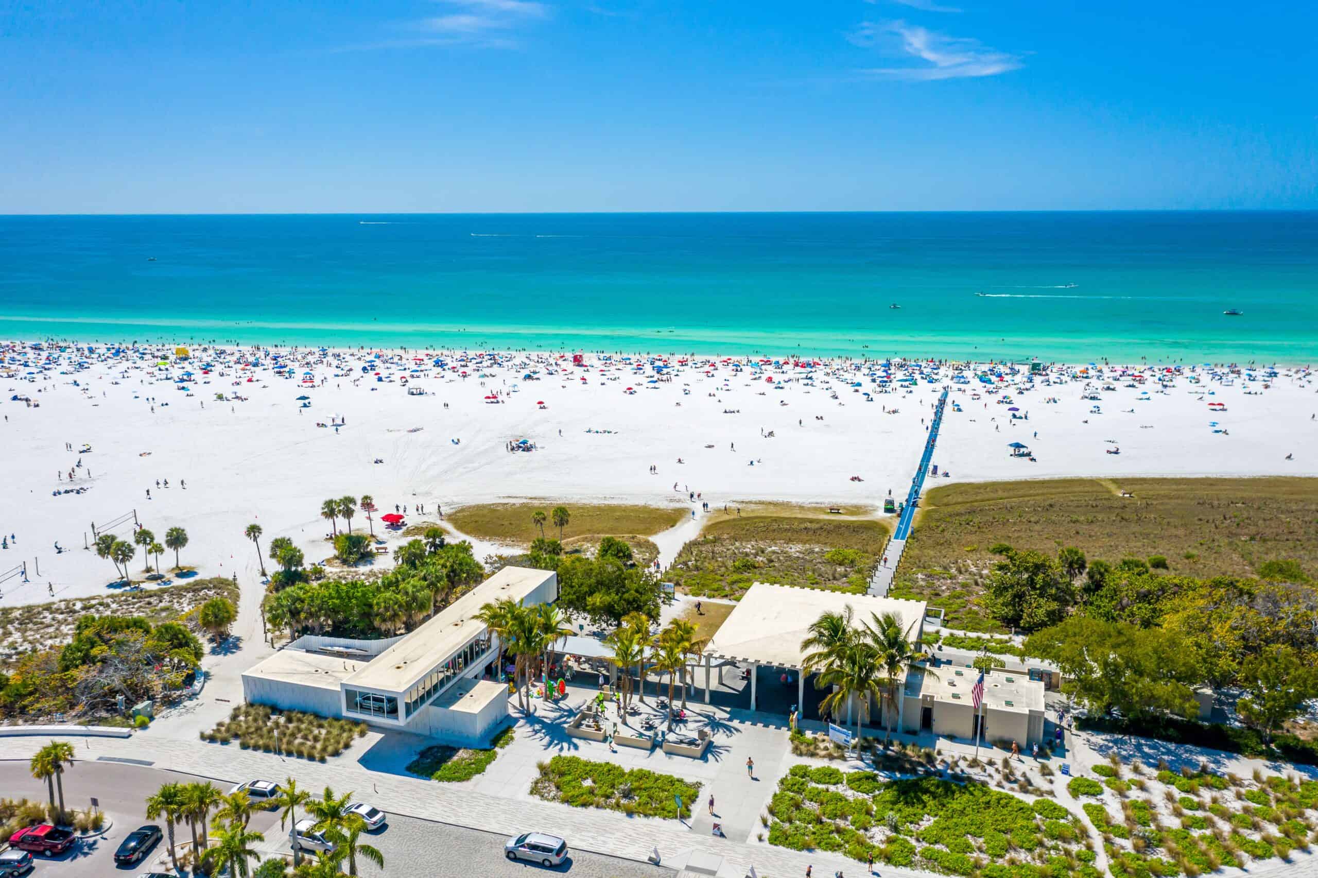 Ariel view of Sarasota beach with white sand and blue water