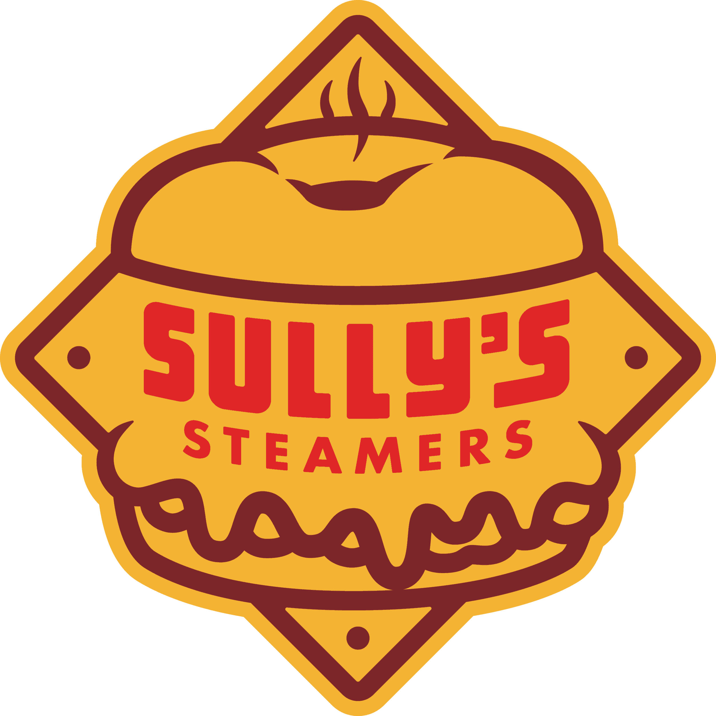 Yellow Sully's Steamers logo with a steaming bagel icon and the words "Sully's Steamers" in red.
